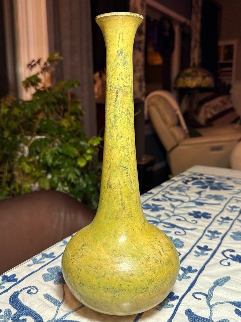 Vintage MCM Metal Vase Beautiful Sage Green Patina India Retro Long Neck Bottle